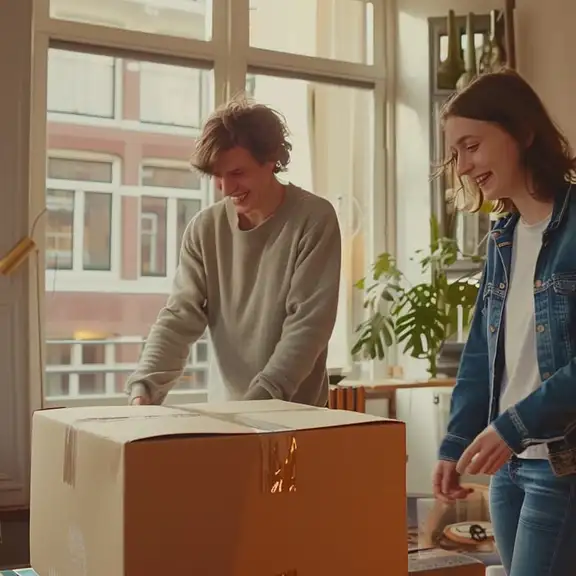 Een jong stel is net gaan samenwonen en pakt dozen uit.