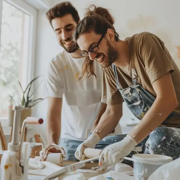Een man aan het schilderen in huis