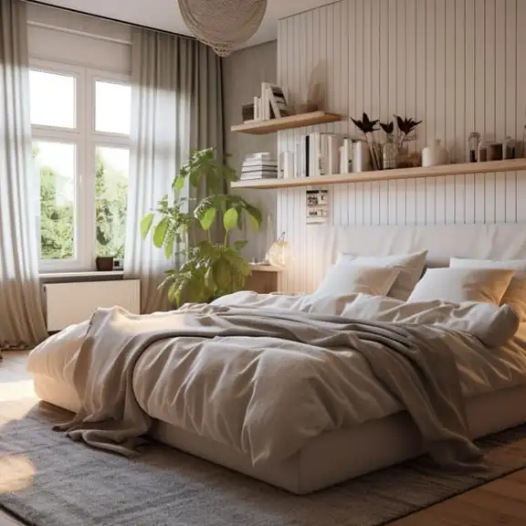 Rustgevende slaapkamer met aardse tinten.