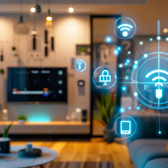 Een woonkamer met een TV en smart symbolen in de foto