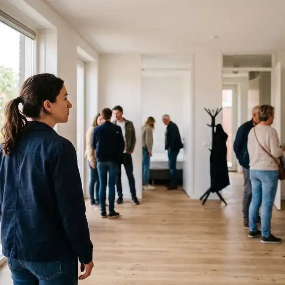 Woningzoekers bekijken een lichte lege huurwoning tijdens een drukke kijkdag