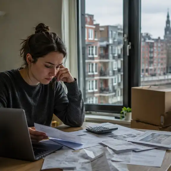 Starter bekijkt rekeningen in appartement met verhuisdozen en uitzicht op de stad.