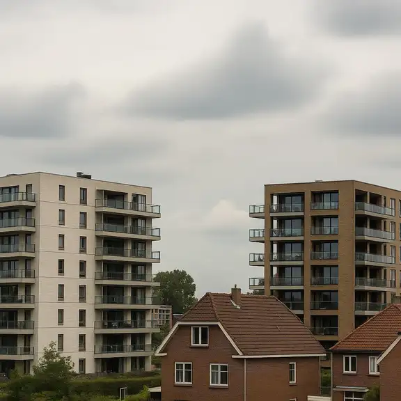 Moderne seniorenappartementen naast traditionele huizen in een groene woonwijk