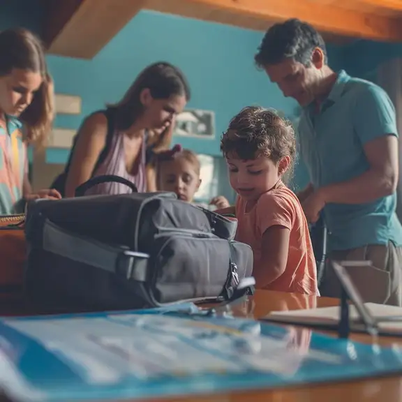 Een gezin gaat op vakantie, op tafel liggen de gevulde koffers.
