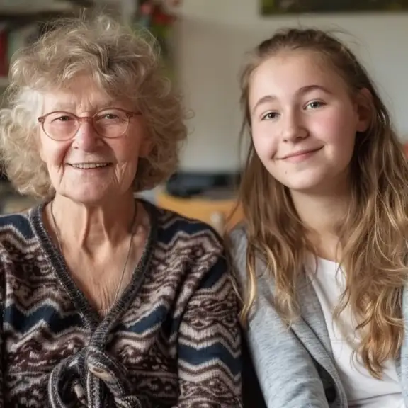 Een student zit op de bank bij een oudere vrouw die hospita is.