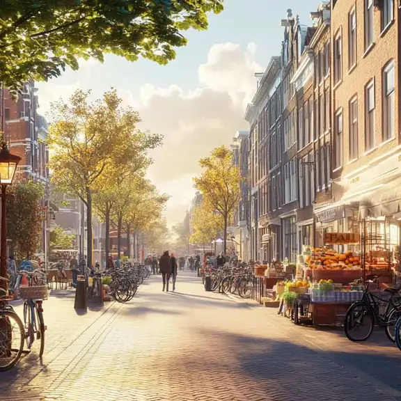 Een straat in Amsterdam met fietsen en winkeltjes aan de zijkanten.