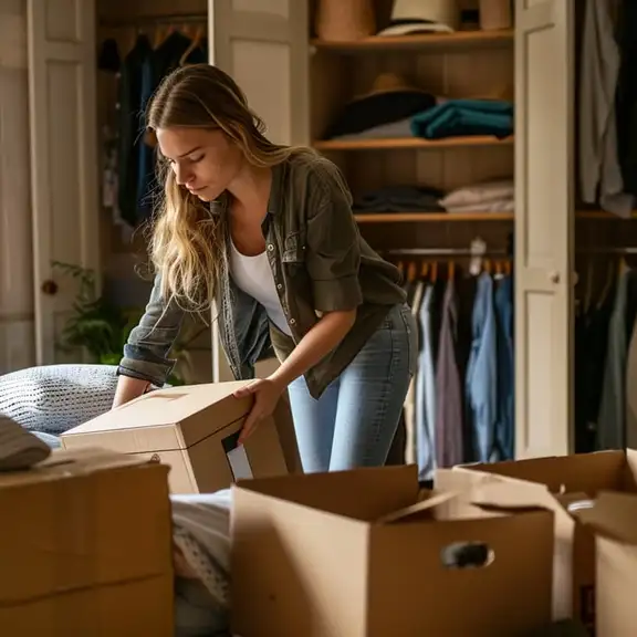 Vrouw pakt verhuisdozen uit.