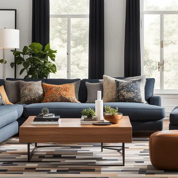 Een vloerkleed in een huurwoning dat matcht met overige woonaccessoires zoals de poef, sierkussens en plaid.