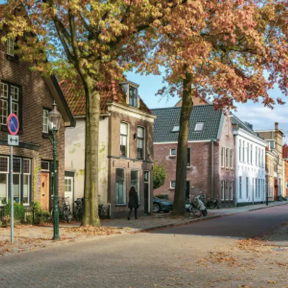 Een straat in Weesp in de herfst met aan de linkerkant oud hollandse huizen