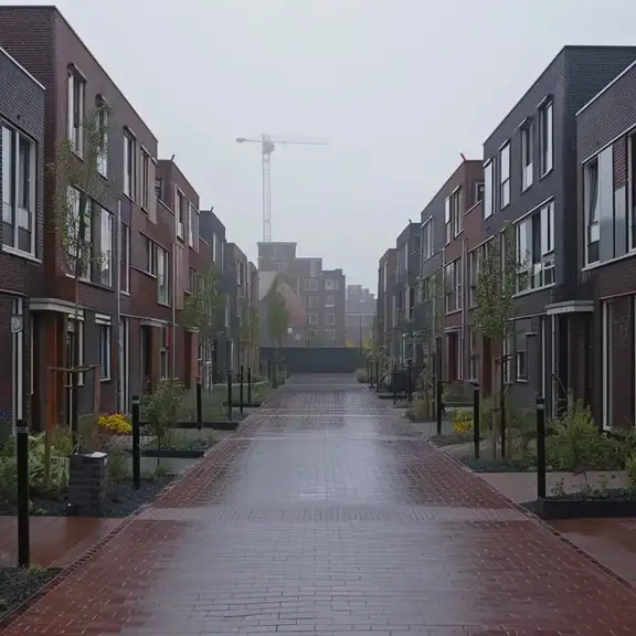 Verschillende huurwoningen naast elkaar met donkere wolken er boven.