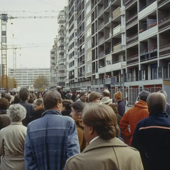 Illustratie van een lange wachtrij voor sociale huurwoningen in een stedelijke omgeving.