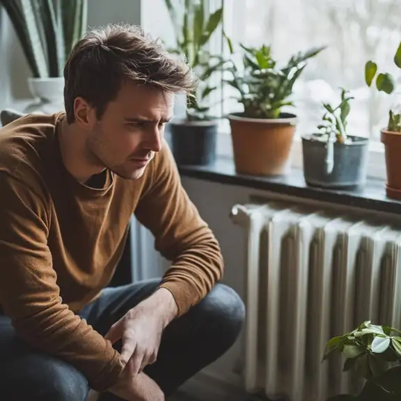 Een mannelijke huurder zit gefrustreerd bij de verwarming omdat hij niet werkt.