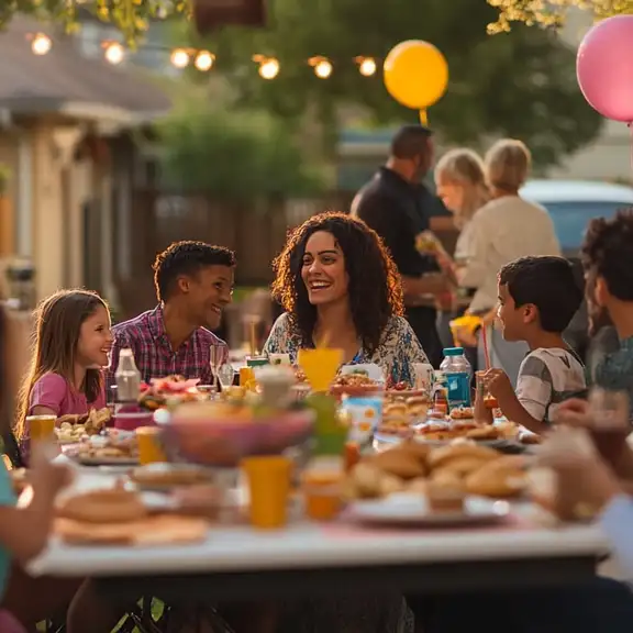 Buren vieren Burendag aan tafels vol eten en drinken in een zonnige straat.