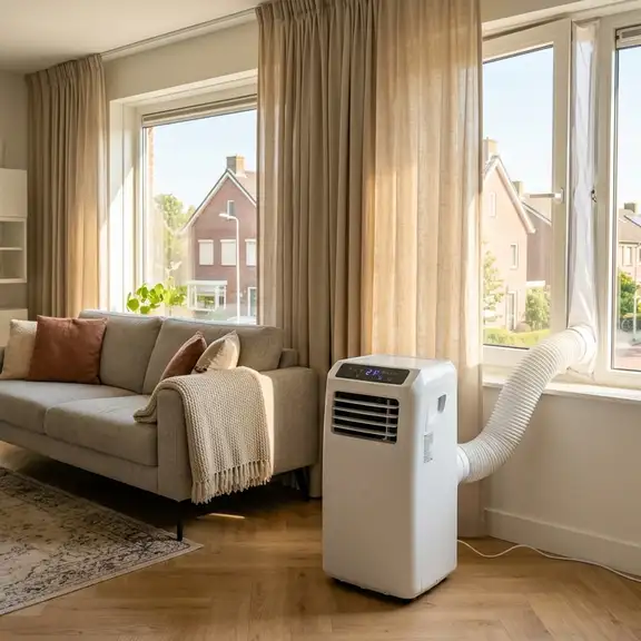 Mobiele airco in een lichte woonkamer op een warme dag