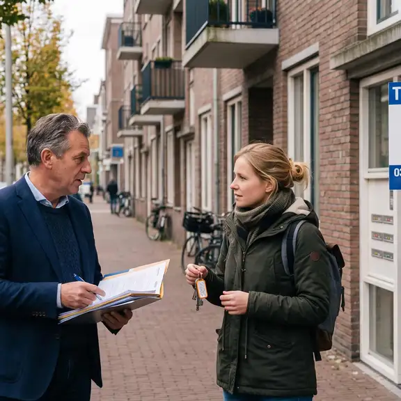 Nederlandse woonstraat met huurder, verhuurder en huur- en koopborden