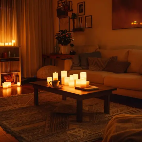 Warme woonkamer inspiratie voor de winter met kaarsen, vloerkleden, sierkussens en dekentjes.