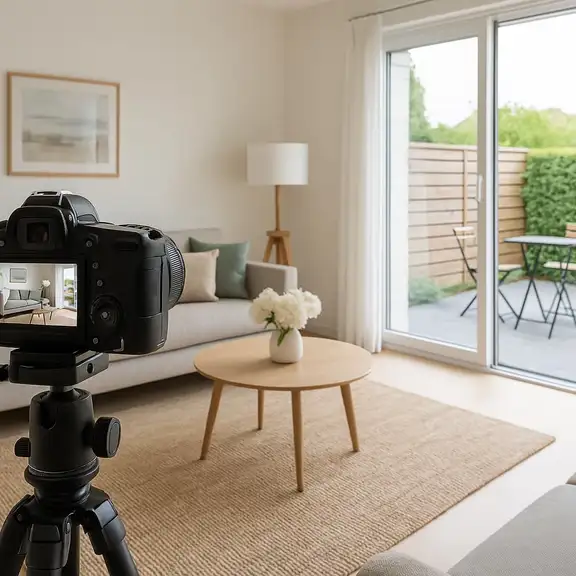 Een camera op een statief die fotos maakt van een huurwoning.
