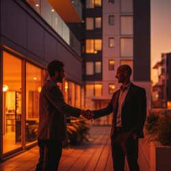 Een verhuurder en een huurder schudden elkaar de hand voor een appartement bij zonsondergang