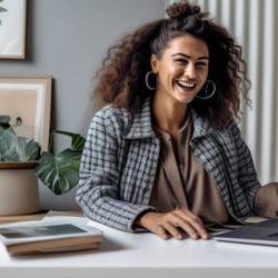 Een lachende vrouw zit aan haar bureau met een laptop