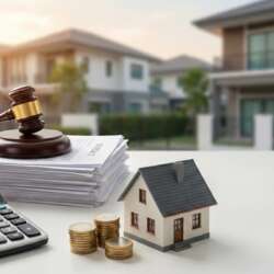 Een stilleven op een witte tafel met een rekenmachine, stapels euromunten, een miniatuur huis