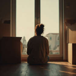 Vrouw zit tussen verhuisdozen in lege woonkamer en kijkt peinzend naar buiten.