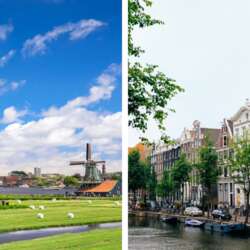Het platteland met Nederlandse molens versus grachtenpanden in Amsterdam