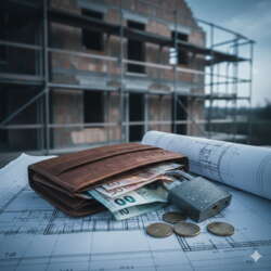 Portemonnee, hangslot en euro's op bouwtekening voor nieuwbouw. Symboliseert financiële woningnood."