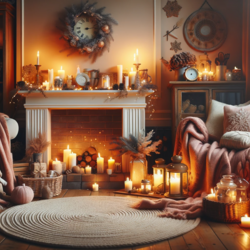 Warme woonkamer inspiratie voor de winter met kaarsen, vloerkleden, sierkussens en dekentjes.