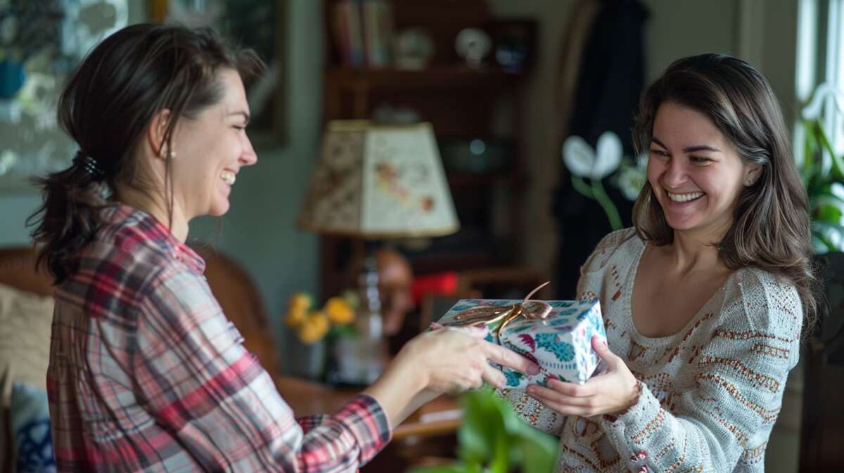 Een vrouw overhandigt een housewarming cadeau aan een andere vrouw