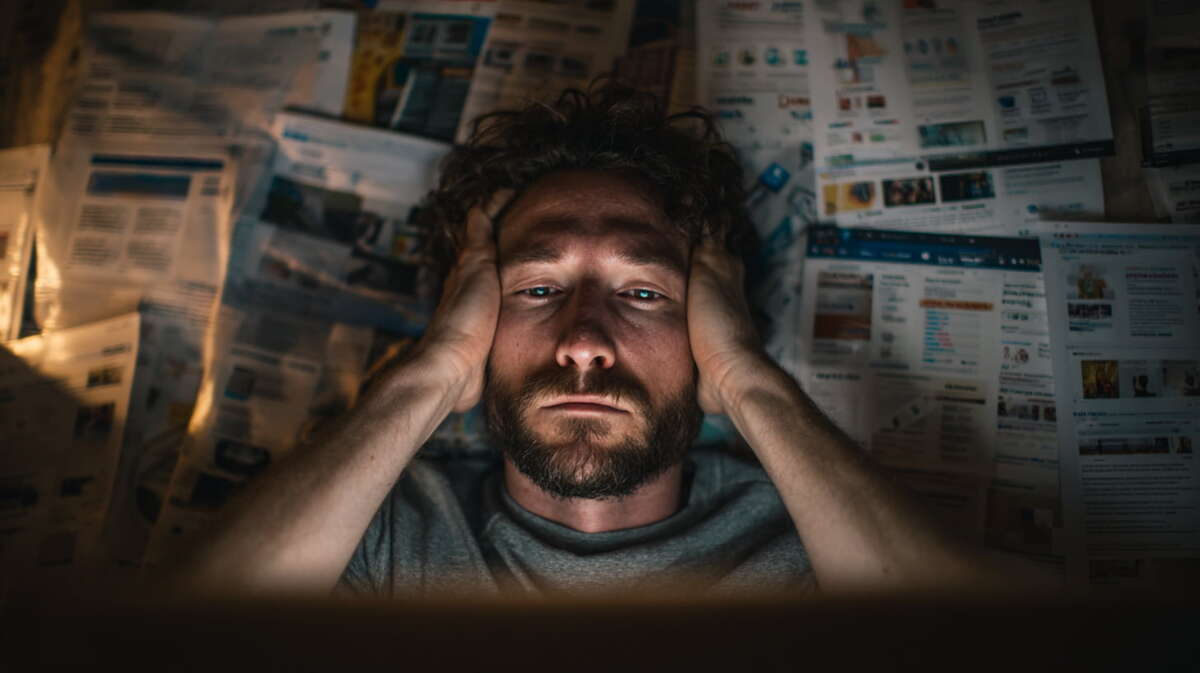 Een gefrustreerde man zit met zijn handen in het haar omringt door huurwoningadvertenties.