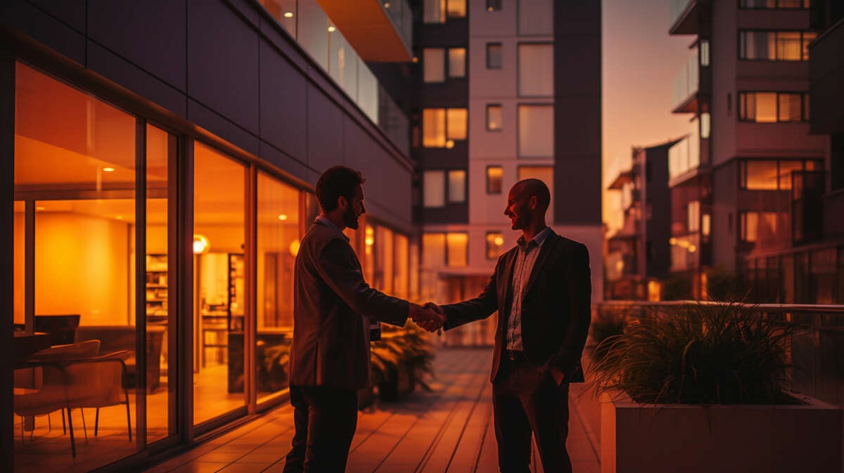 Een verhuurder en een huurder schudden elkaar de hand voor een appartement bij zonsondergang