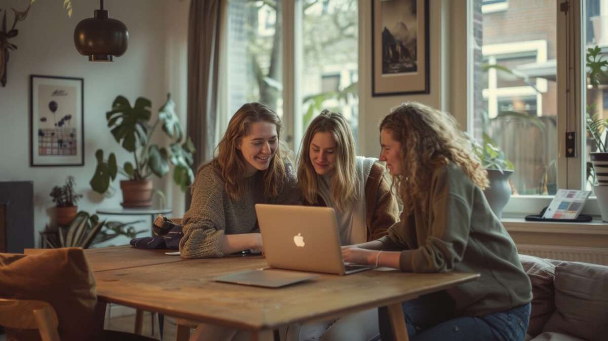 Drie vrouwelijke studenten zitten aan tafel en kijken naar een laptop