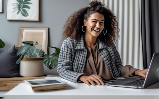 Een lachende vrouw zit aan haar bureau met een laptop