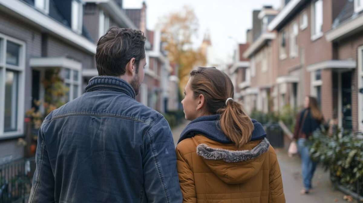 Een man en een vrouw lopen in een straat met huurwoningen