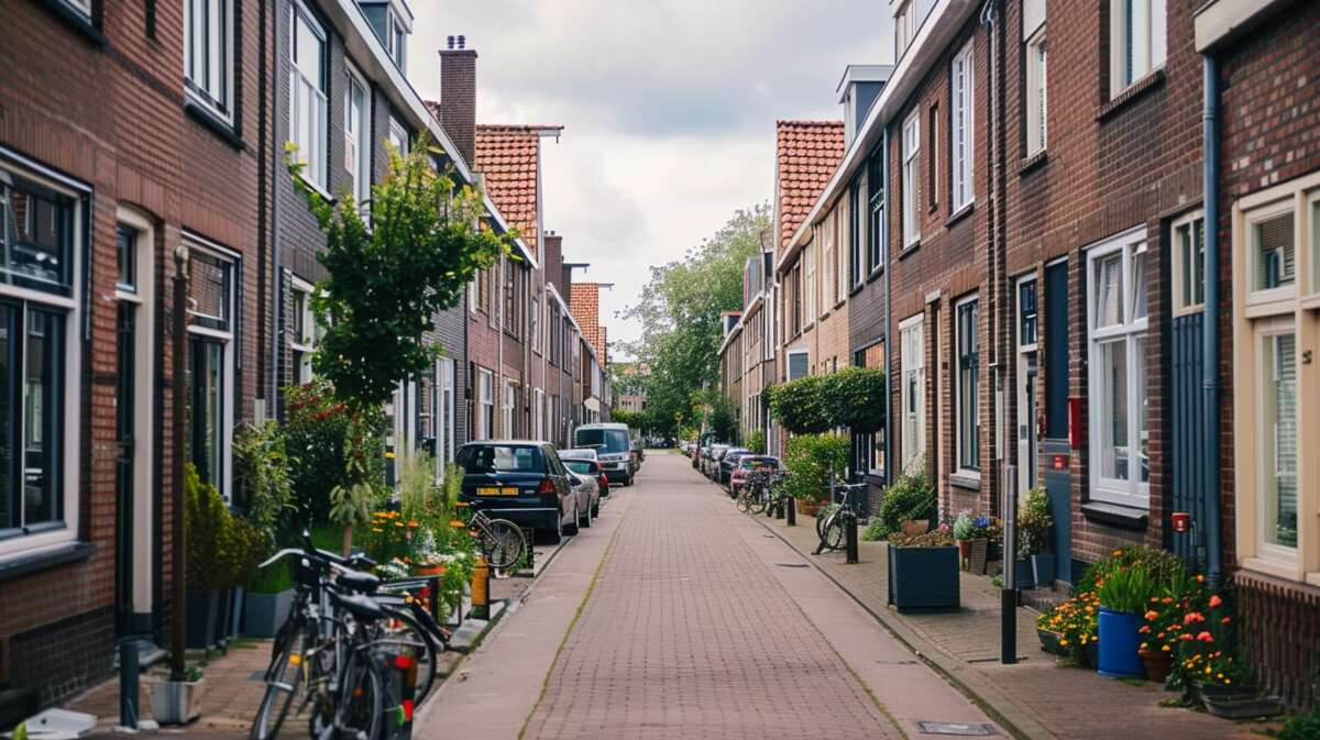 Een straat met verschillende huurwoningen in de vrije sector