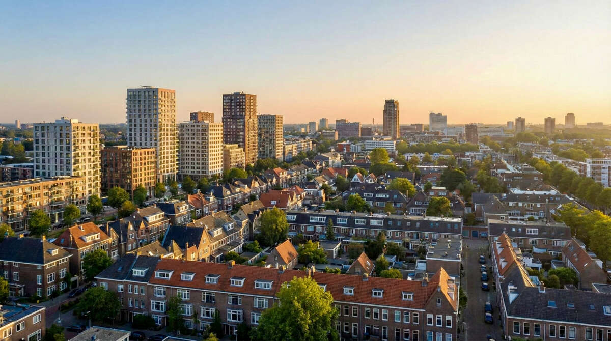 Panoramazicht op een Nederlandse stad bij zonsopgang, met een combinatie van traditionele laag en hoogbouw.