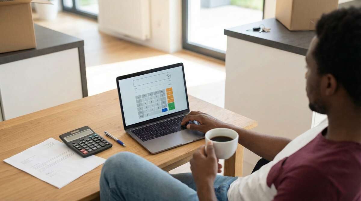 Een man met een kop koffie berekend zijn huurverhoging