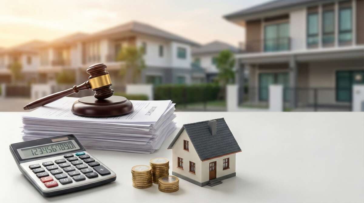 Een stilleven op een witte tafel met een rekenmachine, stapels euromunten, een miniatuur huis