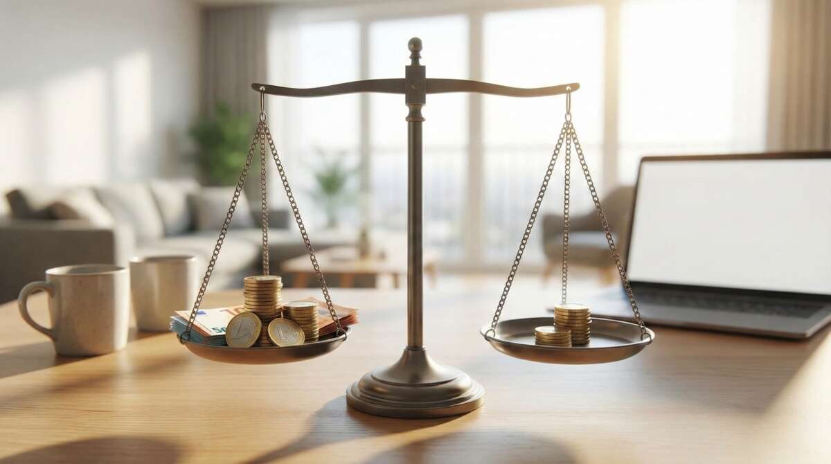 Weegschaal met geld in een woonkamer voor een eerlijke verdeling van de huur naar rato.