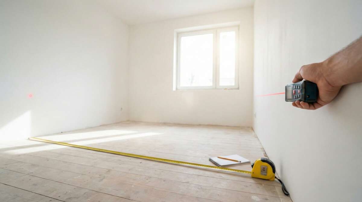 foto van een kamer met een meetband en iemand die met een laser de m2 en m3 meet.