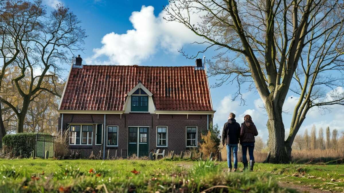 Een koppel staat voor een typisch Nederlands huis met rode dakpannen en grasveld aan de voorkant