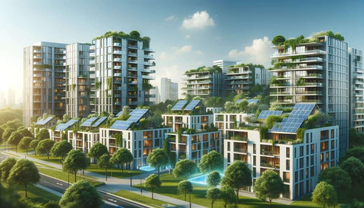 Moderne duurzame appartementencomplexen van woningcorporaties met zonnepanelen op de daken.