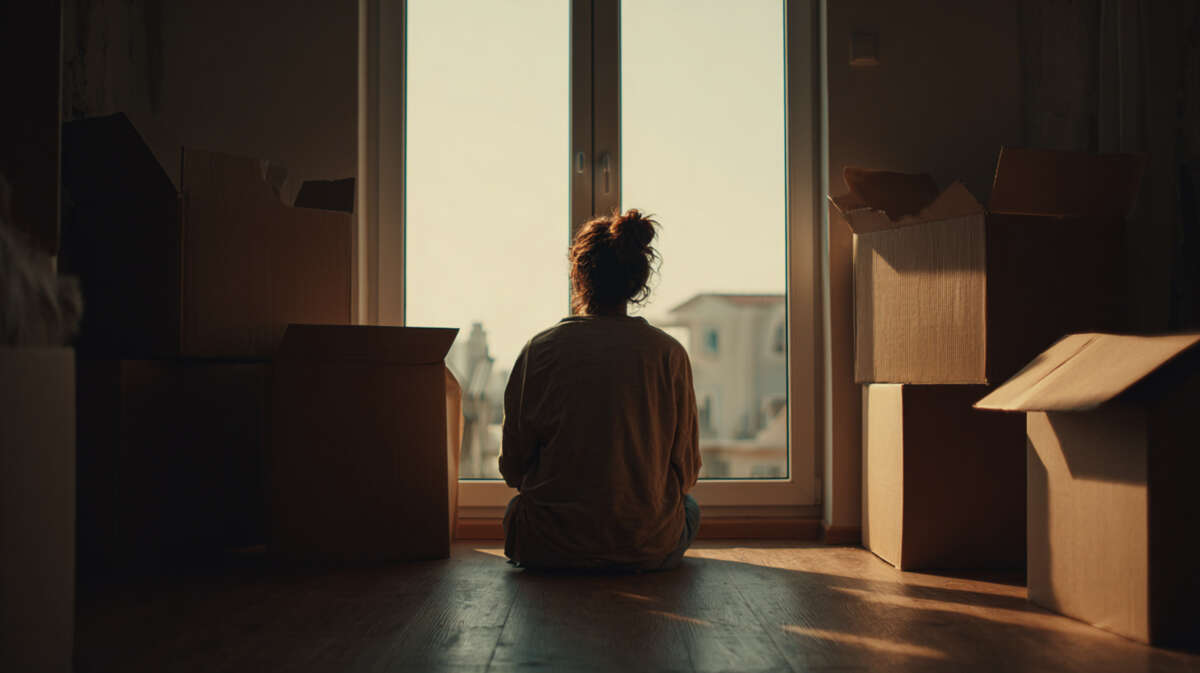 Vrouw zit tussen verhuisdozen in lege woonkamer en kijkt peinzend naar buiten.