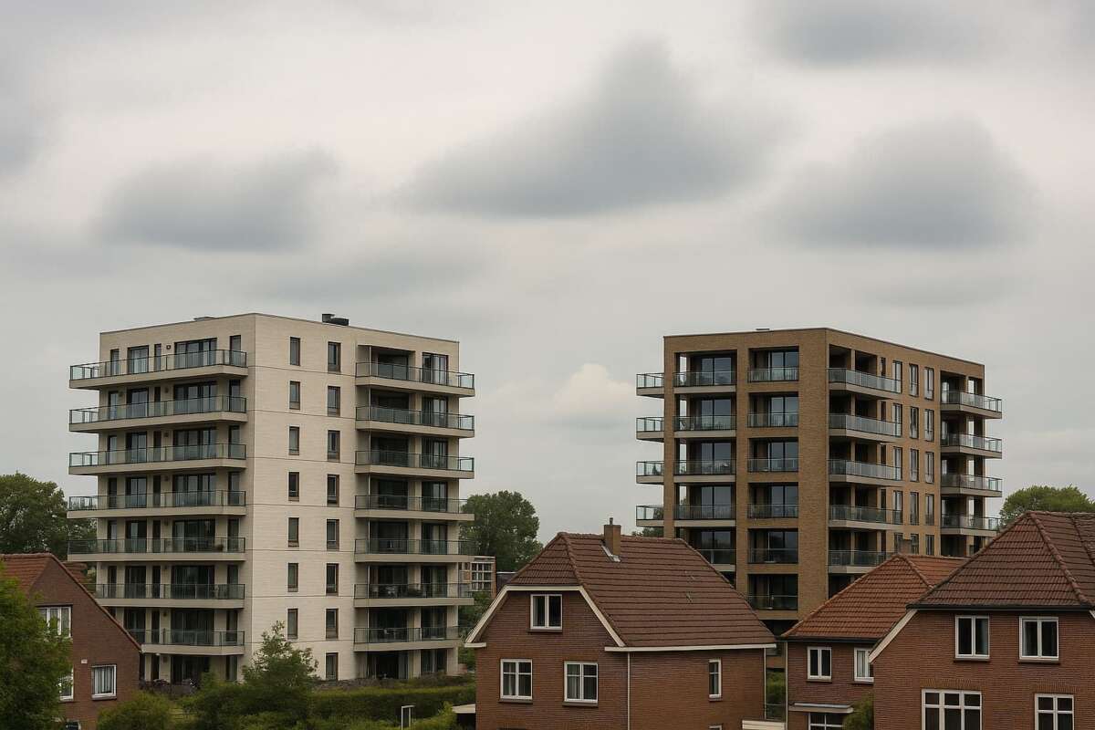 Moderne seniorenappartementen naast traditionele huizen in een groene woonwijk