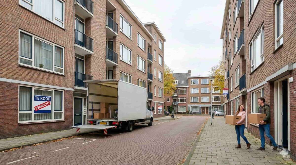 Verhuiswagen voor appartementencomplex, jong stel draagt dozen, 'Te Koop Verkocht' bord in raam.