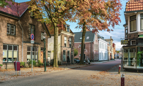 Een straat in Weesp in de herfst met aan de linkerkant oud hollandse huizen