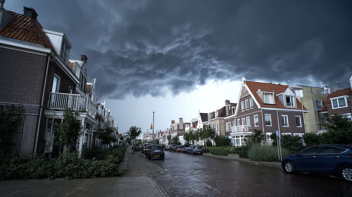 Harde regen en wind tijdens zomerstorm boven huurhuizen