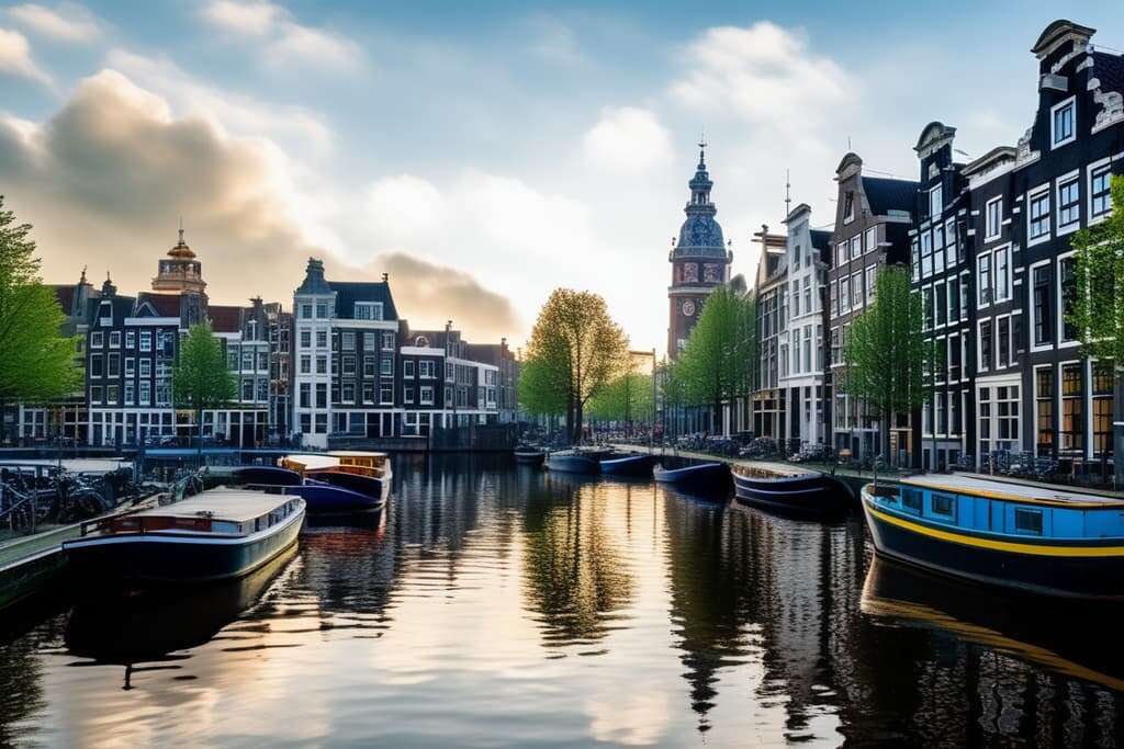 Amsterdamse grachten met aan weerzijden boten en huizen