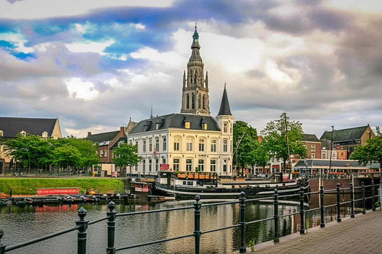 Een rivier met een brug en een kerk in Breda op de achtergrond. Prachtig landschap met historische architectuur.