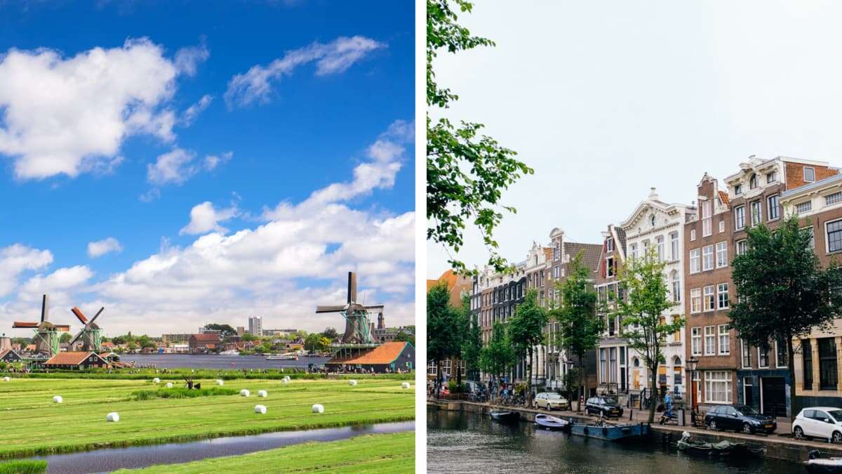 Het platteland met Nederlandse molens versus grachtenpanden in Amsterdam